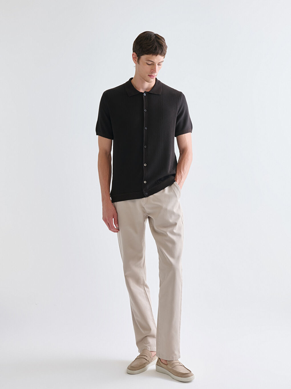 Kahverengi Standart Kalıp Polo Yaka Erkek Triko Hırka-1