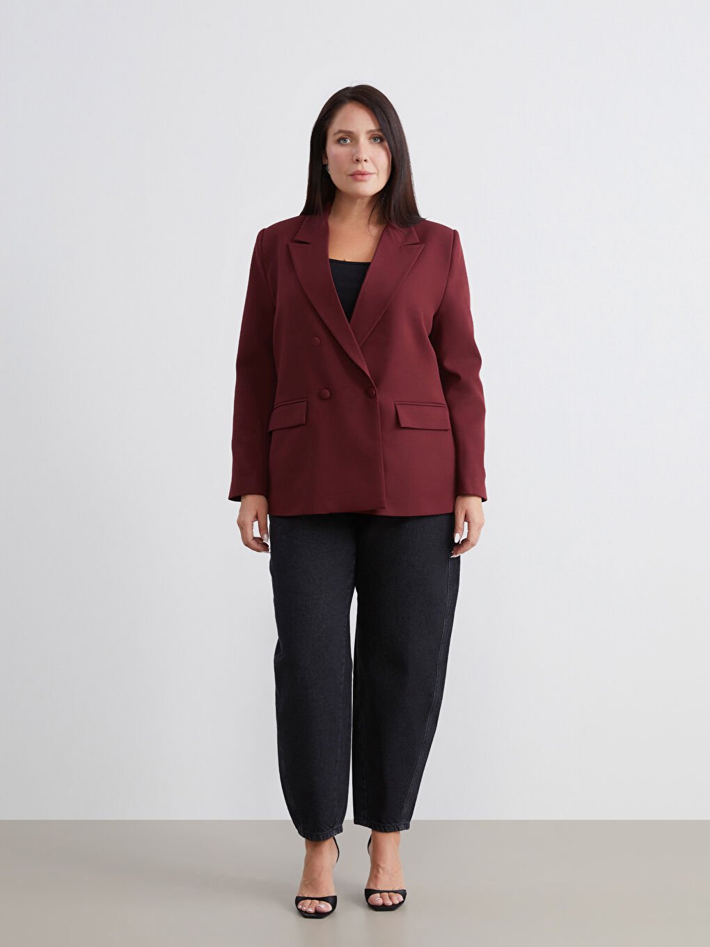 Bordo Büyük Beden Kadın Blazer Ceket-1