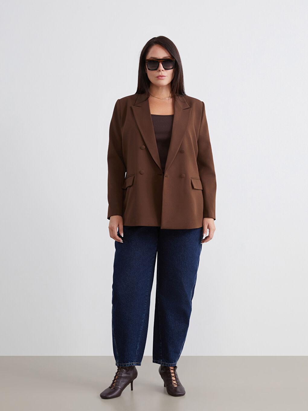 Kahverengi Büyük Beden Kadın Blazer Ceket-1