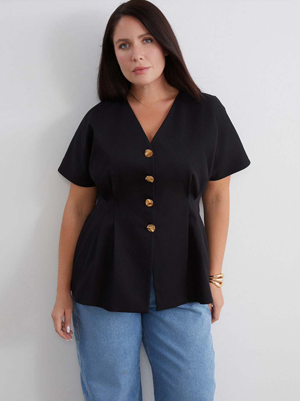 Siyah Büyük Beden V Yaka Peplum Bluz