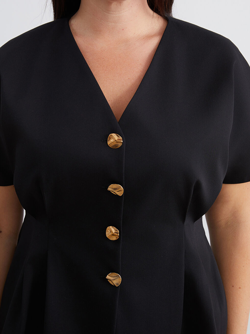 Siyah Büyük Beden V Yaka Peplum Bluz-2