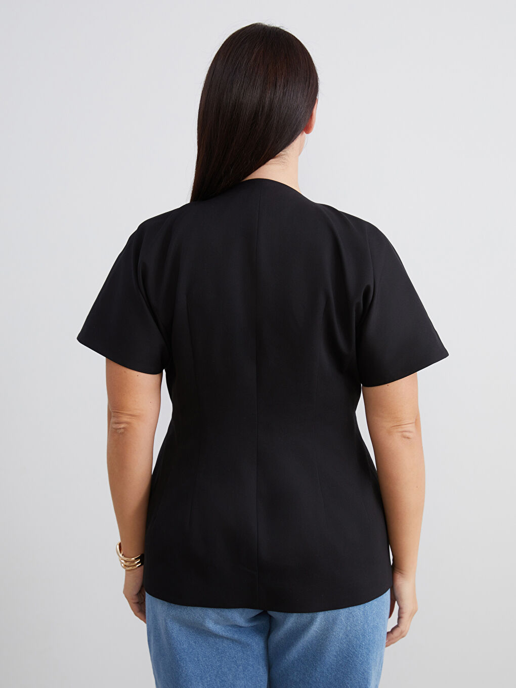 Siyah Büyük Beden V Yaka Peplum Bluz-3