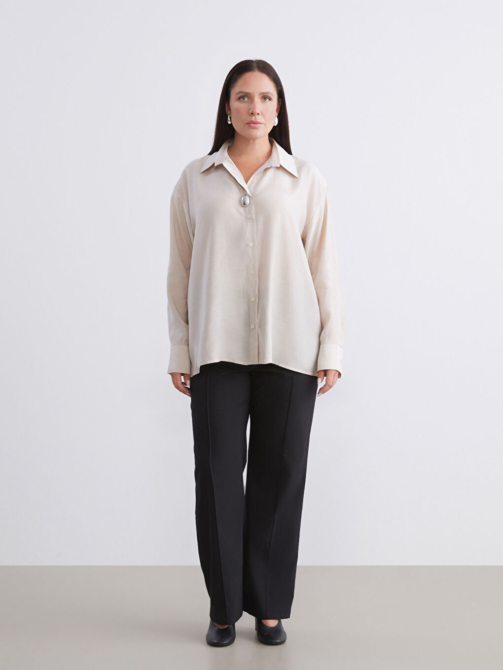 Bej Büyük Beden Kadın Gömlek-1