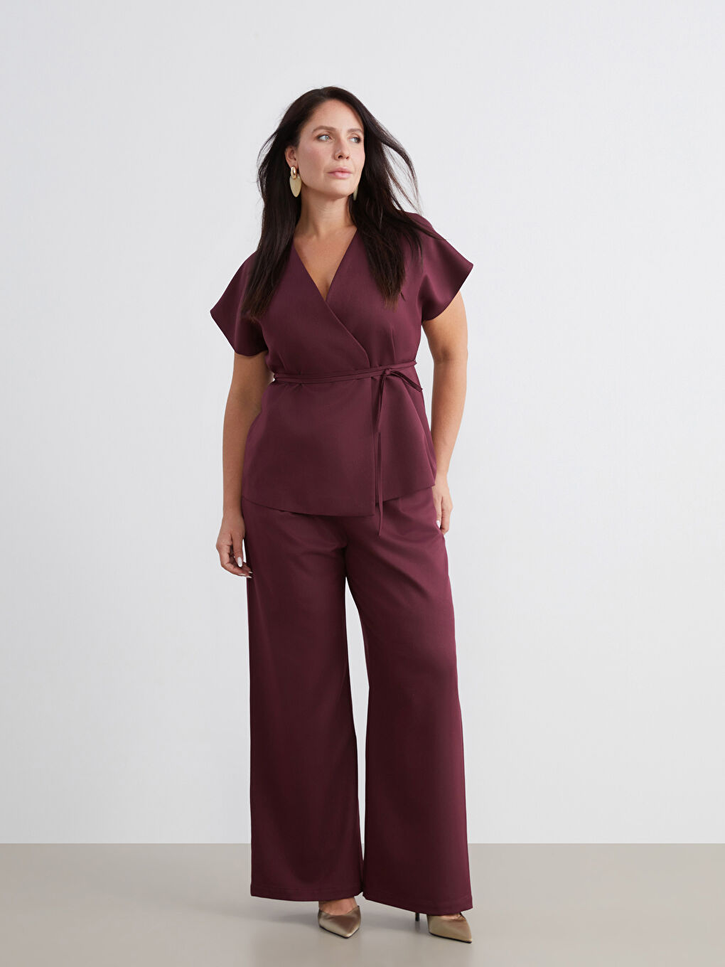 Bordo Büyük Beden Loose Fit Kadın Pileli Pantolon