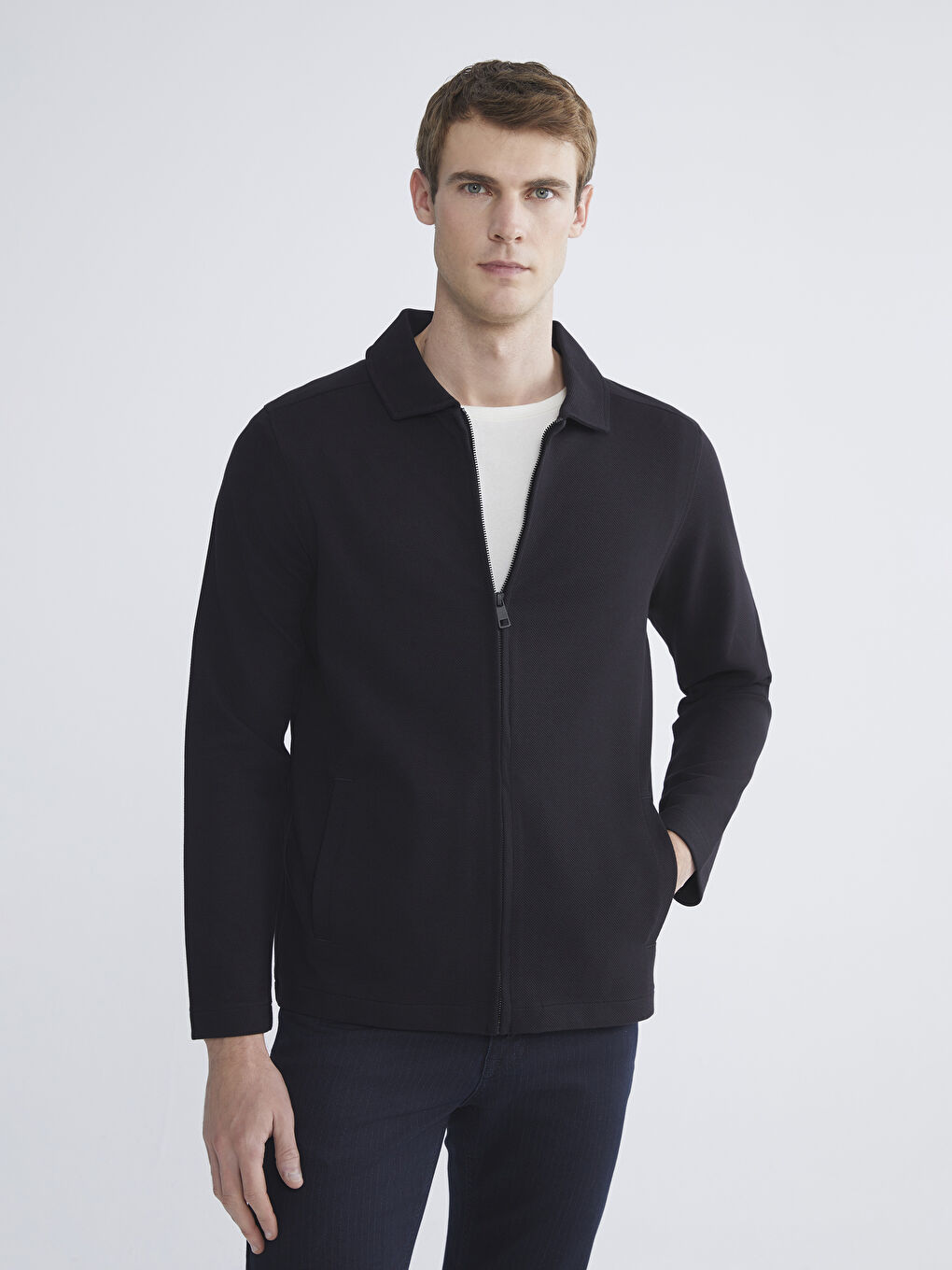 Siyah Standart Kalıp Polo Yaka Erkek Fermuarlı Sweatshirt