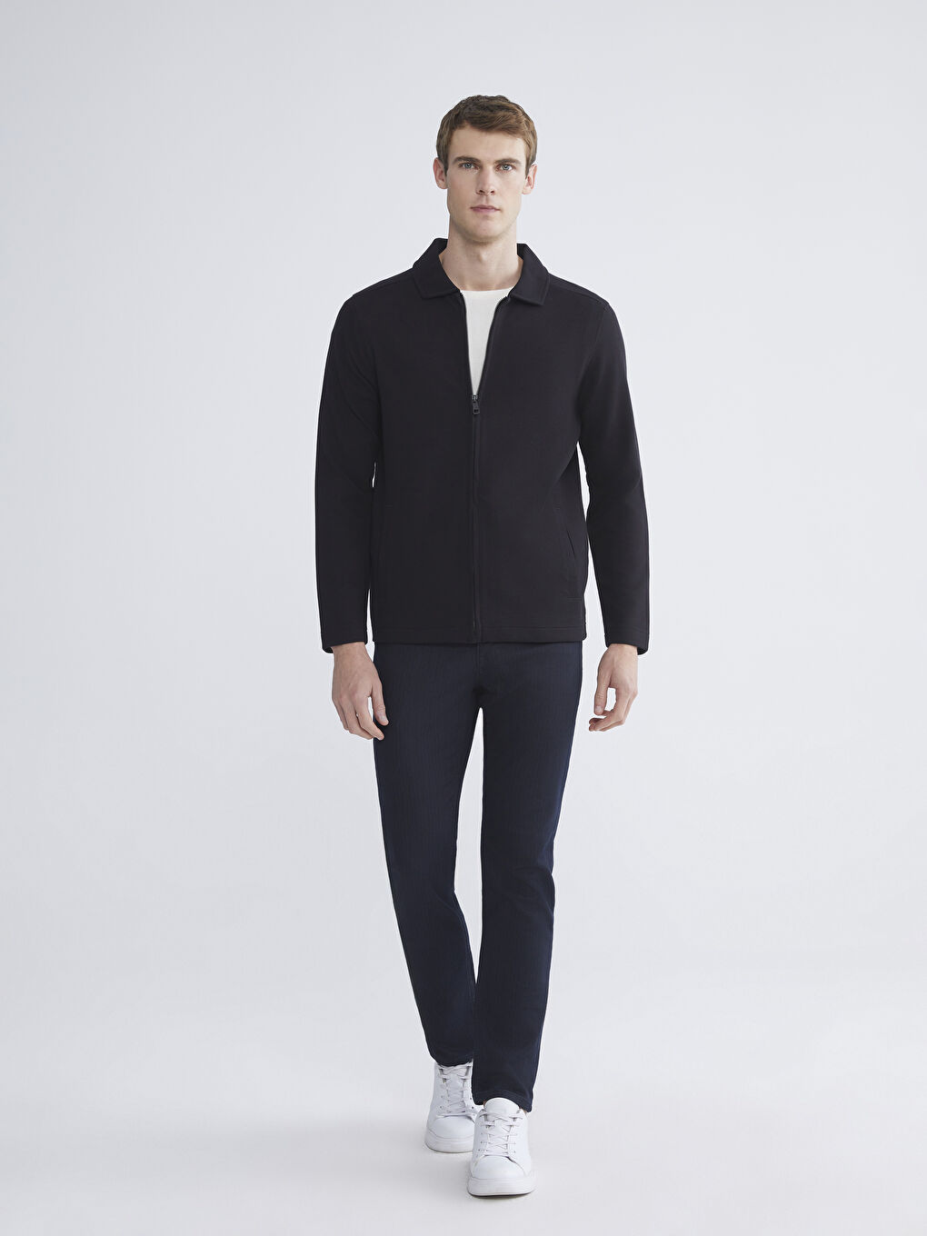 Siyah Standart Kalıp Polo Yaka Erkek Fermuarlı Sweatshirt-1