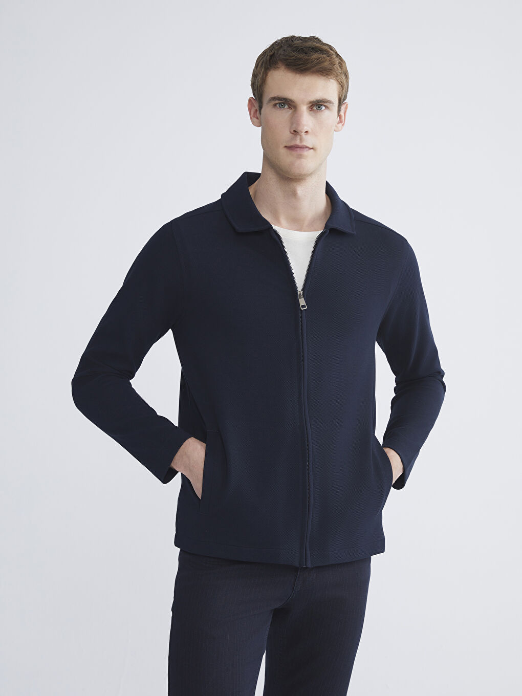 Lacivert Standart Kalıp Polo Yaka Erkek Fermuarlı Sweatshirt