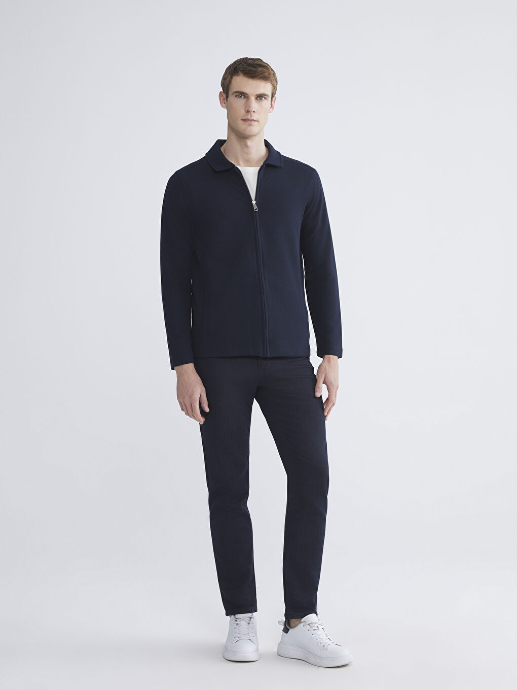 Lacivert Standart Kalıp Polo Yaka Erkek Fermuarlı Sweatshirt-1