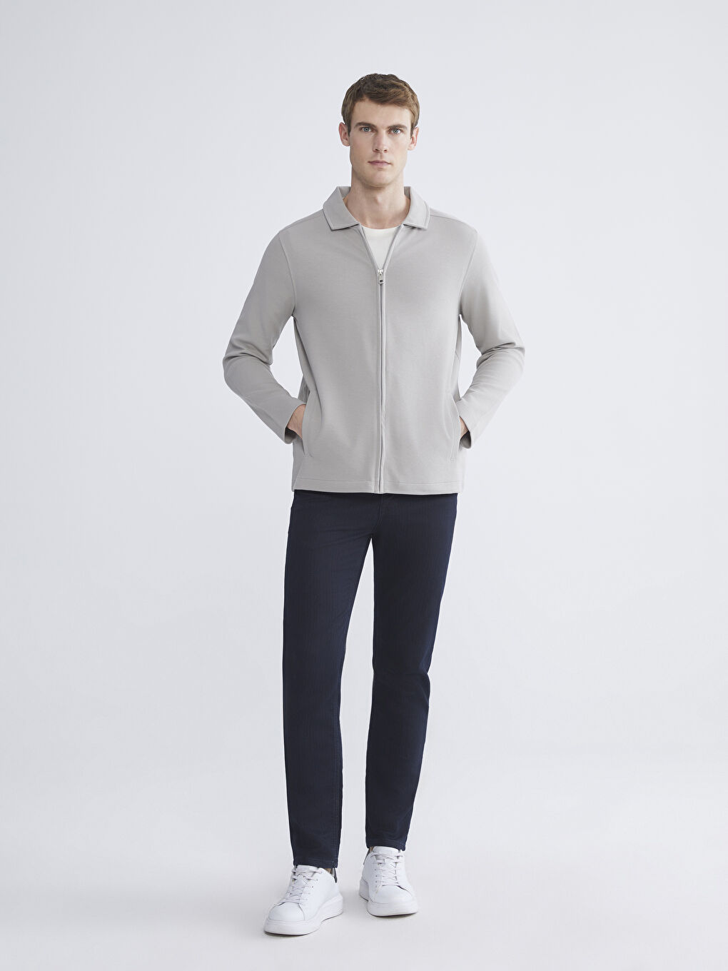 Gri Standart Kalıp Polo Yaka Erkek Fermuarlı Sweatshirt-1