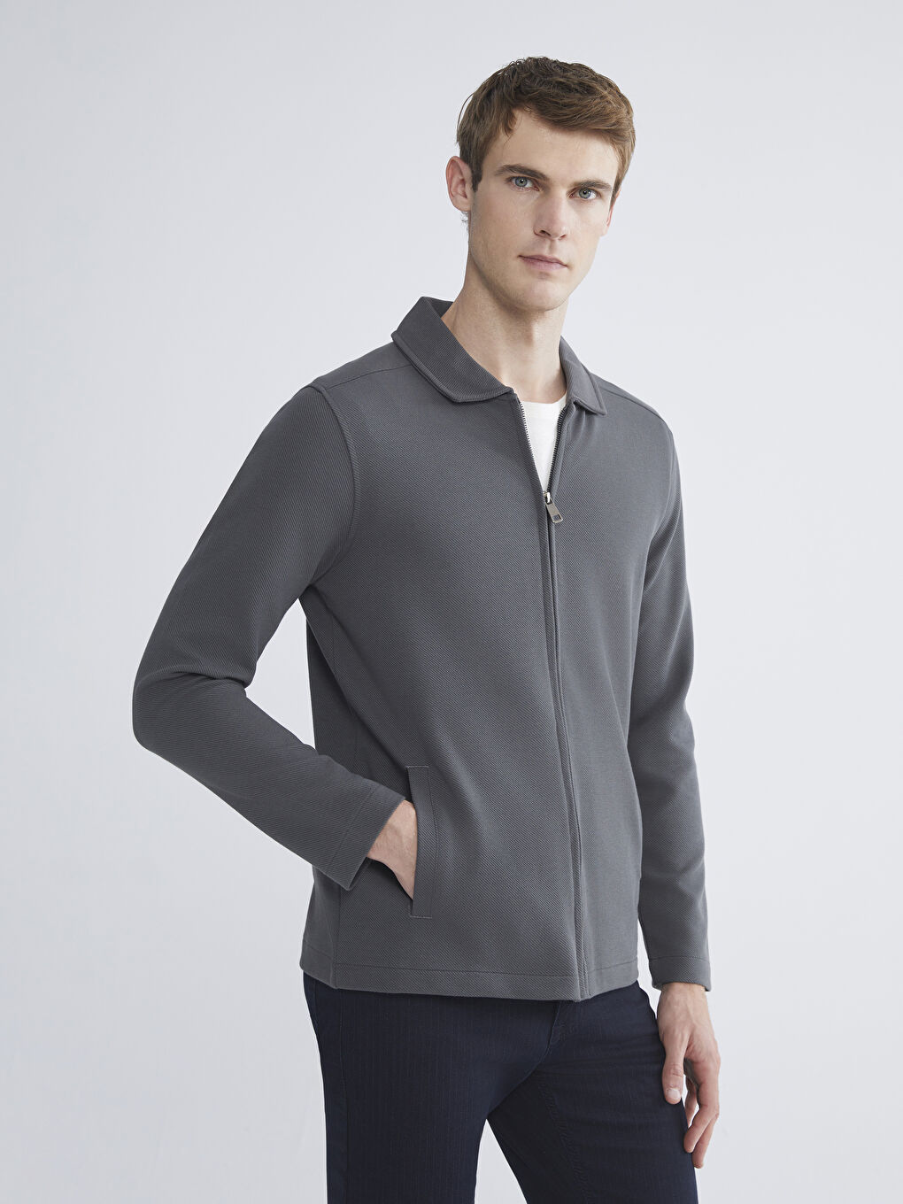 Antrasit Standart Kalıp Polo Yaka Erkek Fermuarlı Sweatshirt