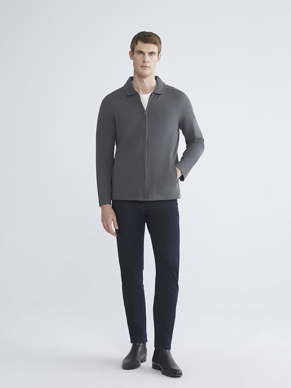 Antrasit Standart Kalıp Polo Yaka Erkek Fermuarlı Sweatshirt-1