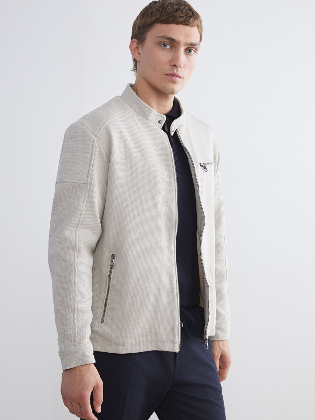 Bej Slim Fit Biker Yaka Erkek Mont