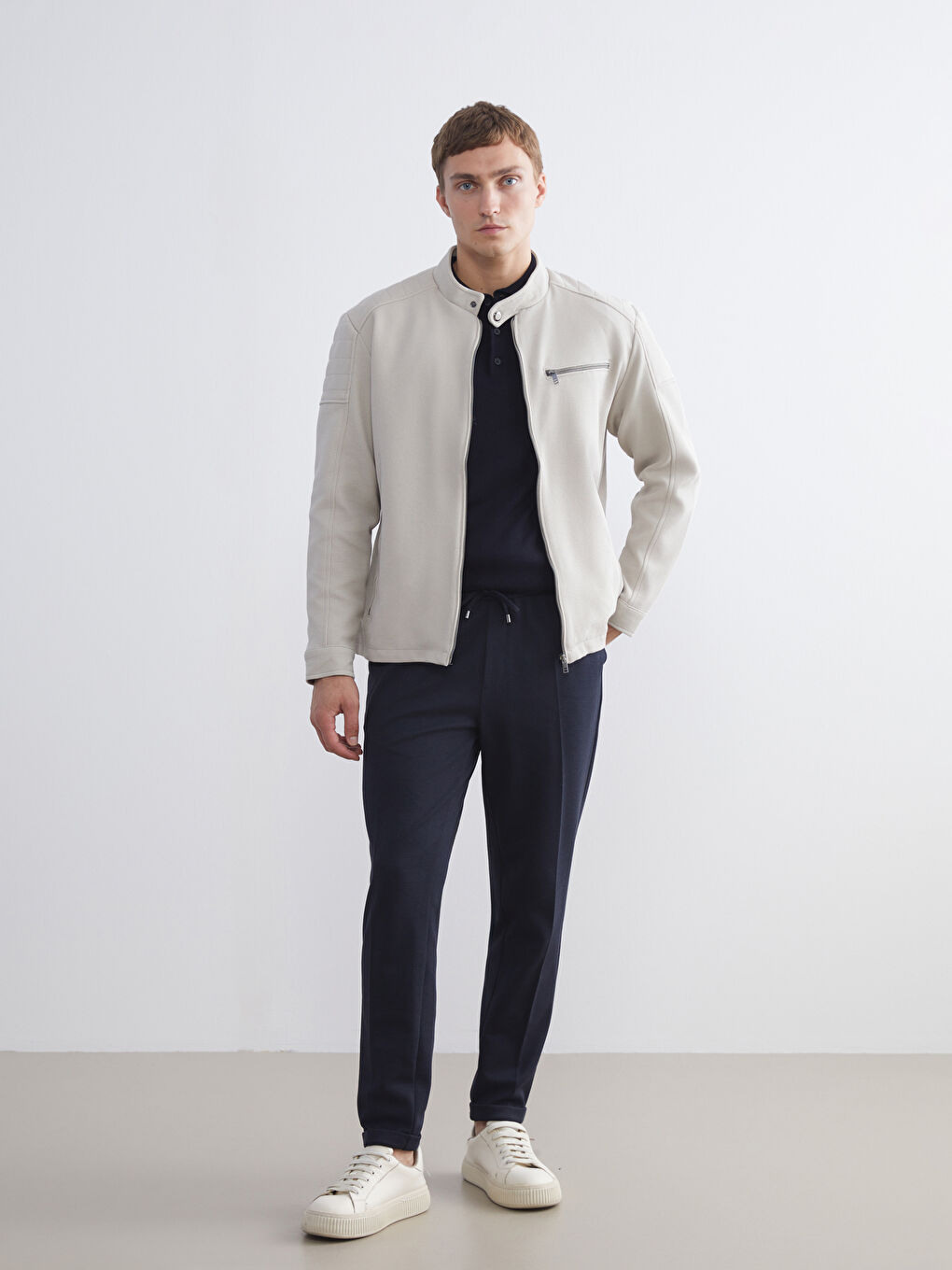 Bej Slim Fit Biker Yaka Erkek Mont-1