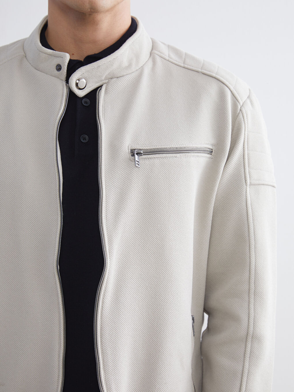 Bej Slim Fit Biker Yaka Erkek Mont-2