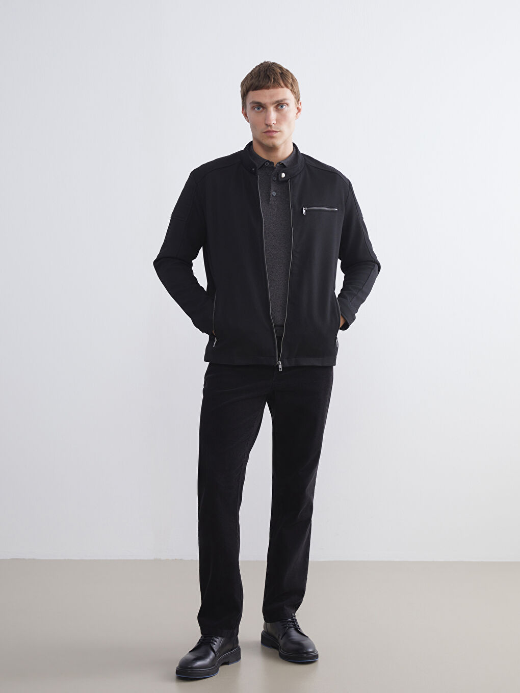 Siyah Slim Fit Biker Yaka Erkek Mont-1