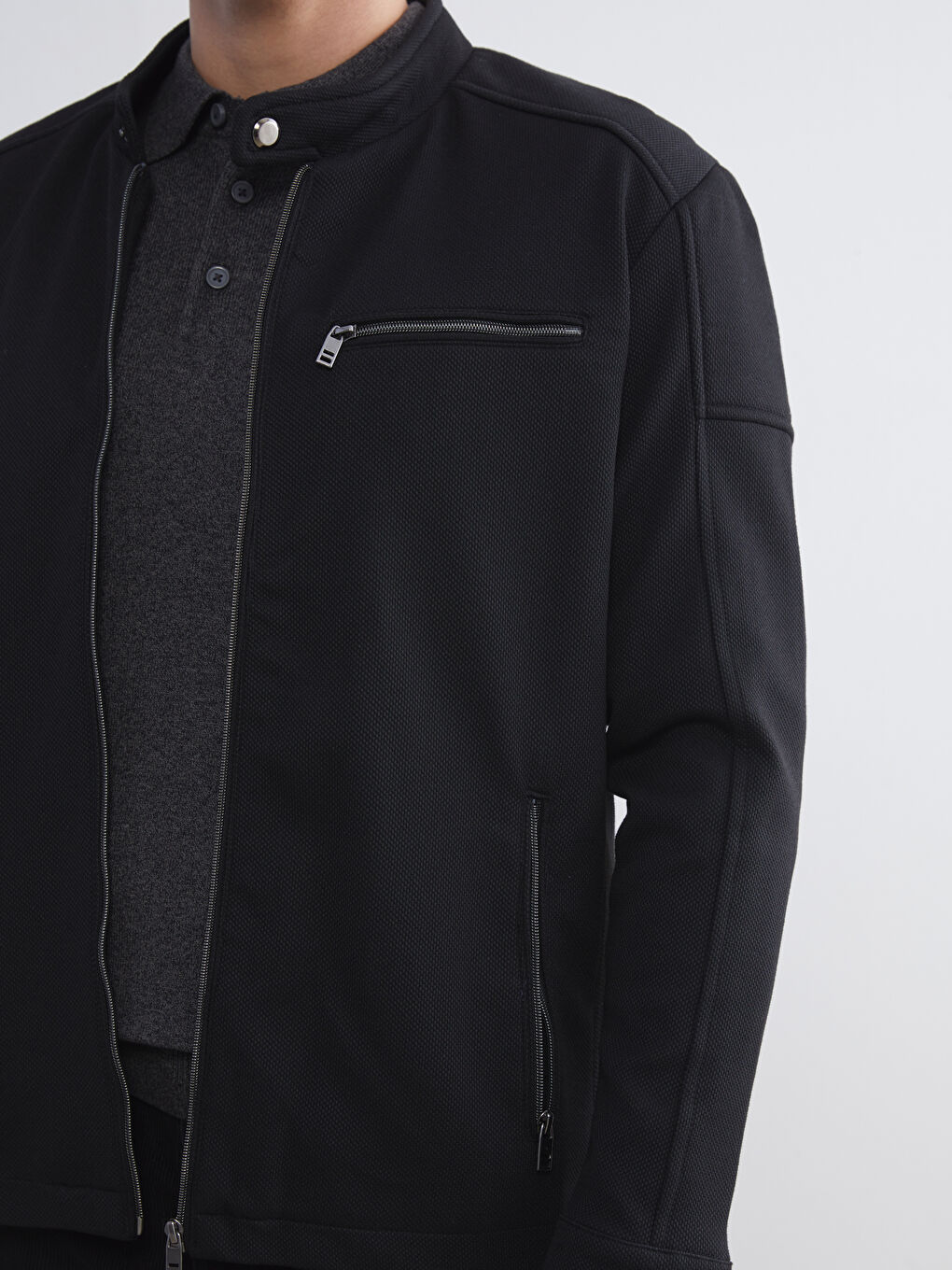 Siyah Slim Fit Biker Yaka Erkek Mont-2