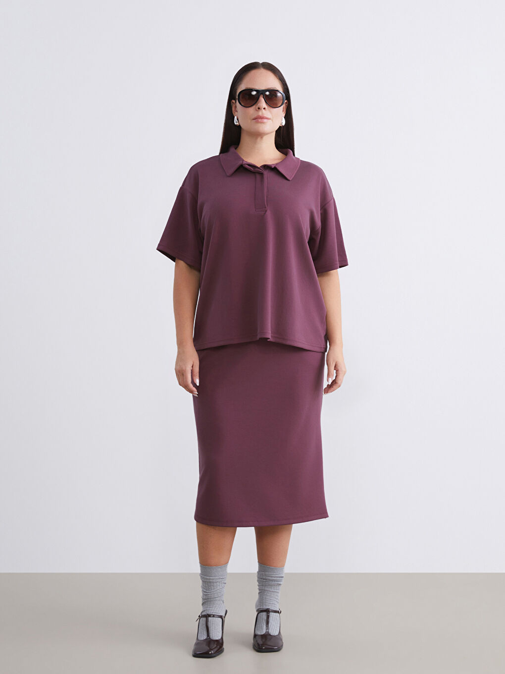 Bordo Büyük Beden Polo Yaka Kadın Tişört-1