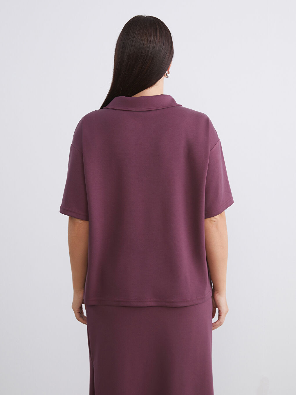 Bordo Büyük Beden Polo Yaka Kadın Tişört-3