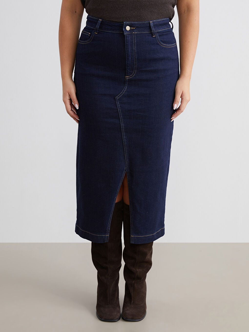 Lacivert Dar Fit Yırtmaçlı Jean Etek-1