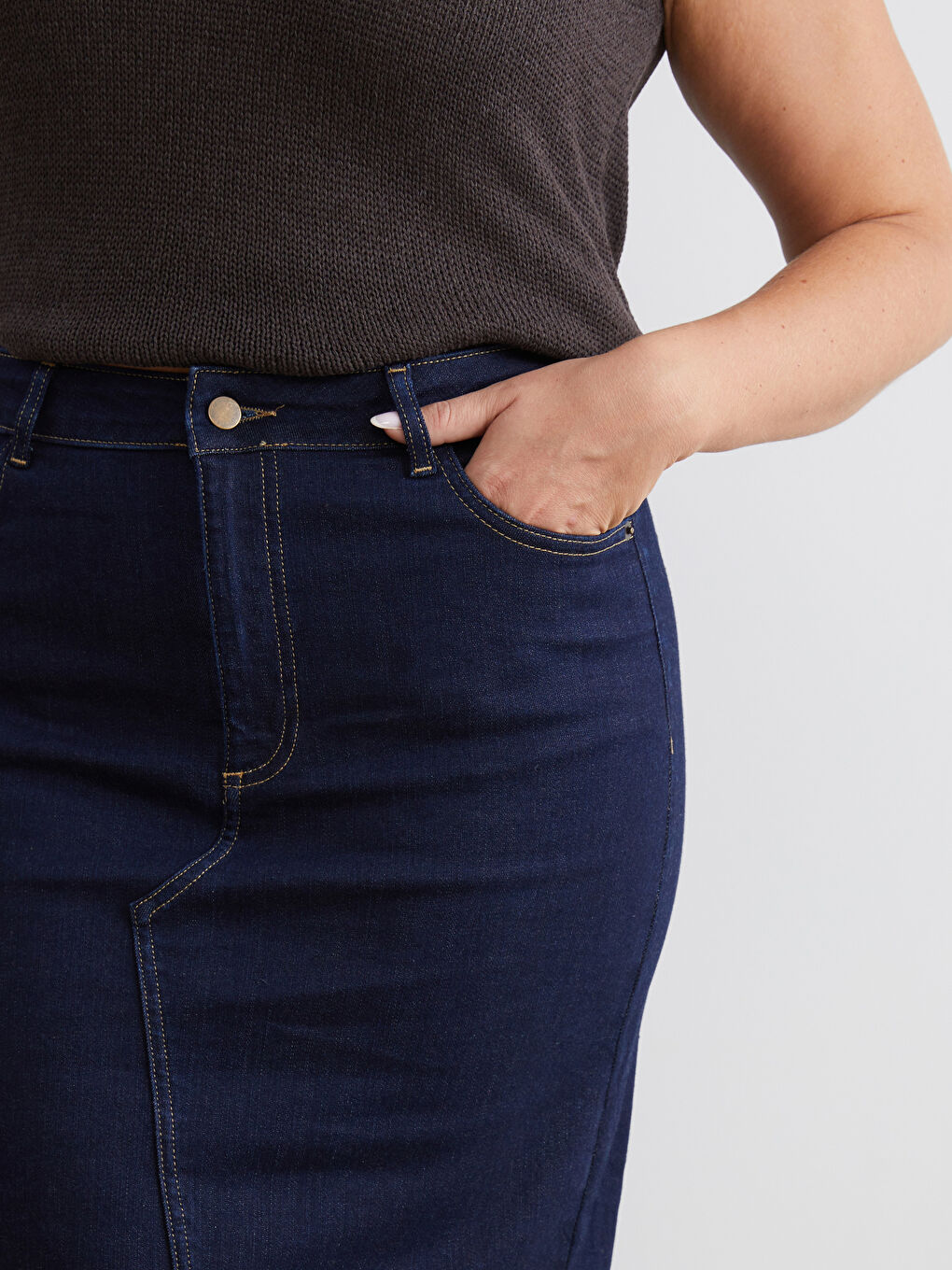 Lacivert Dar Fit Yırtmaçlı Jean Etek-2