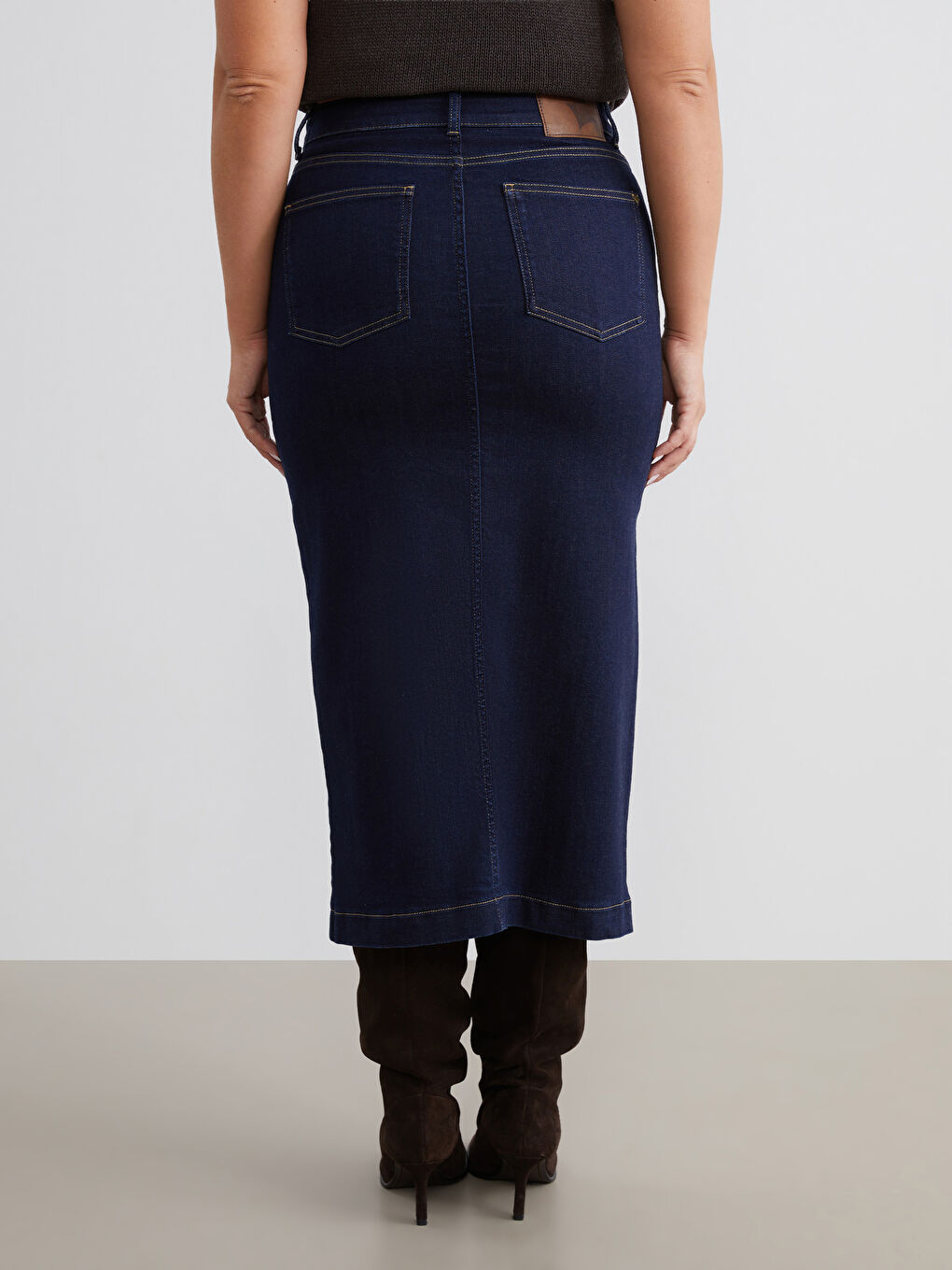 Lacivert Dar Fit Yırtmaçlı Jean Etek-4