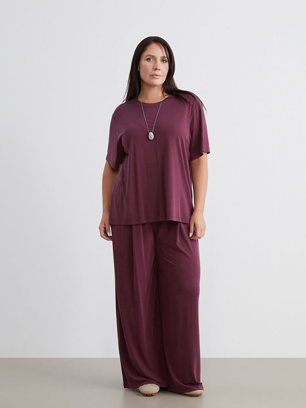 Bordo Büyük Beden Modal Karışımlı Kadın Tişört-1