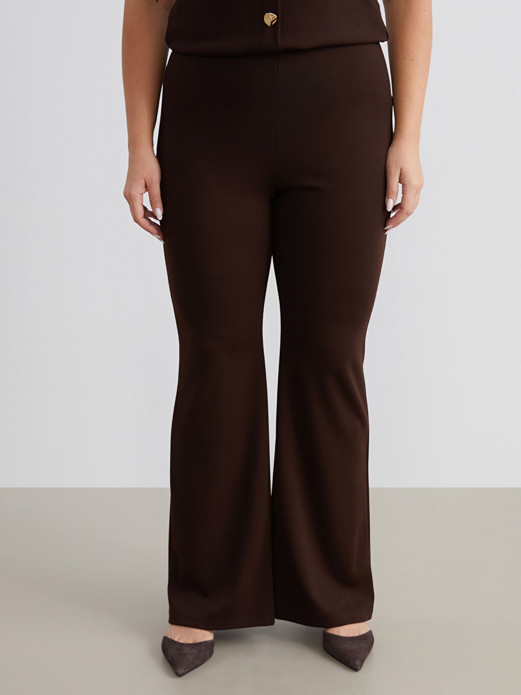 Kahverengi Büyük Beden Dar Fit İspanyol Paça Kadın Pantolon-1