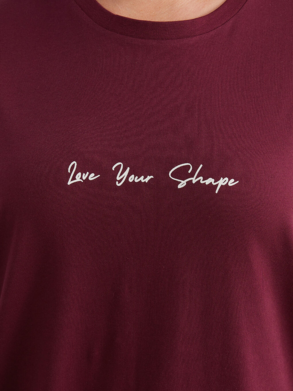 Bordo Büyük Beden Bisiklet Yaka Baskılı Kadın Tişört-2