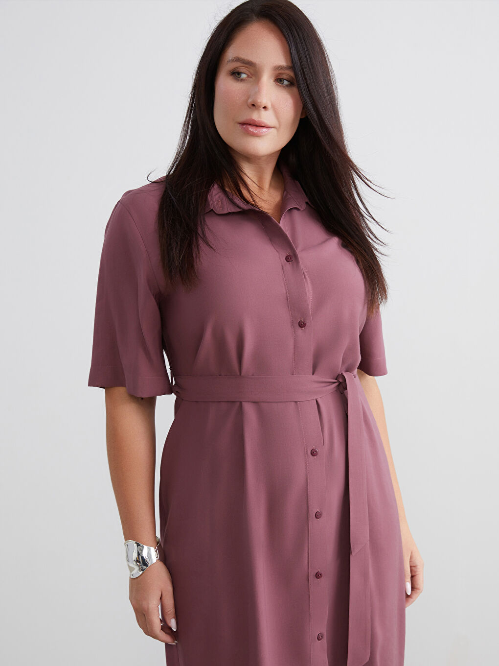 Bordo Büyük Beden Modal Karışımlı Gömlek Elbise-1