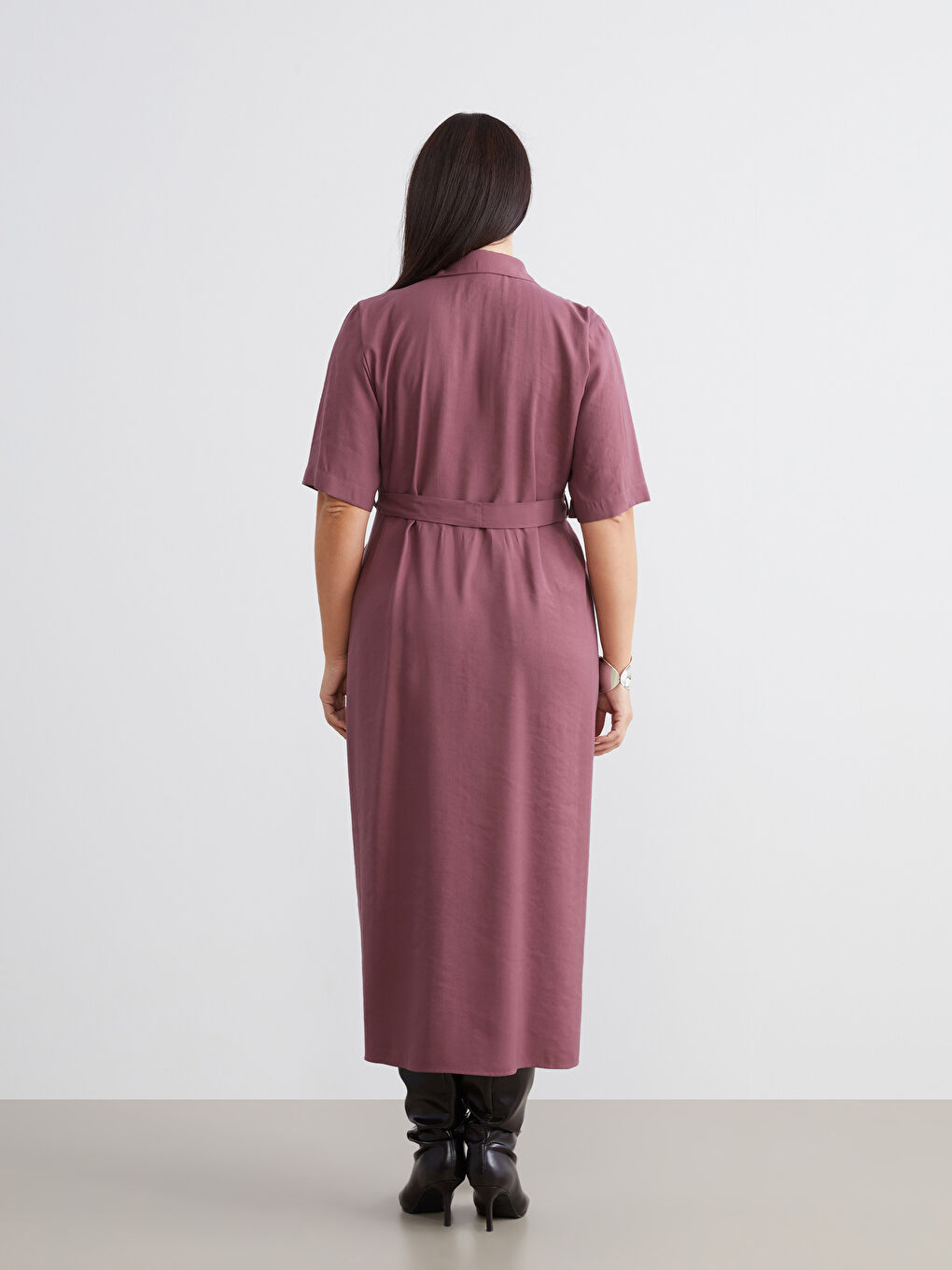 Bordo Büyük Beden Modal Karışımlı Gömlek Elbise-3