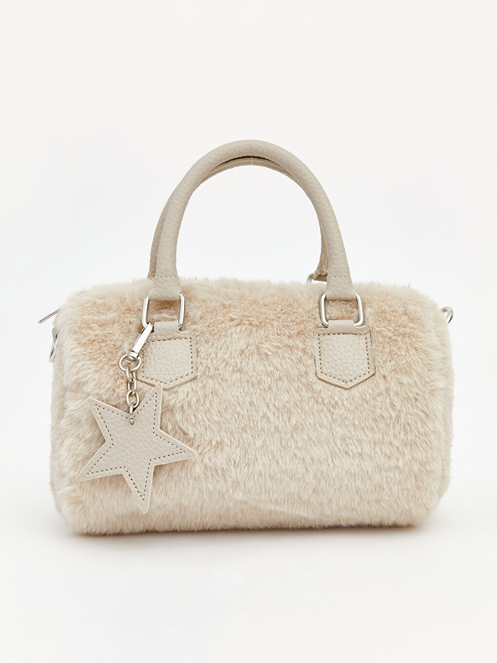 Ekru Yıldız Desenli Pelüş Kadın Kol Çantası