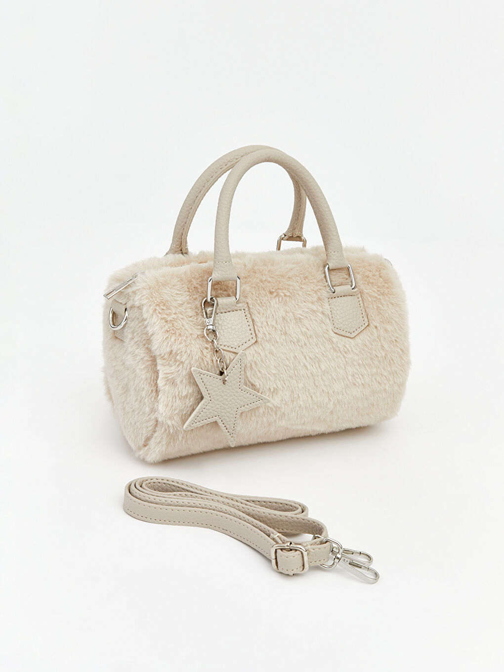 Ekru Yıldız Desenli Pelüş Kadın Kol Çantası-1