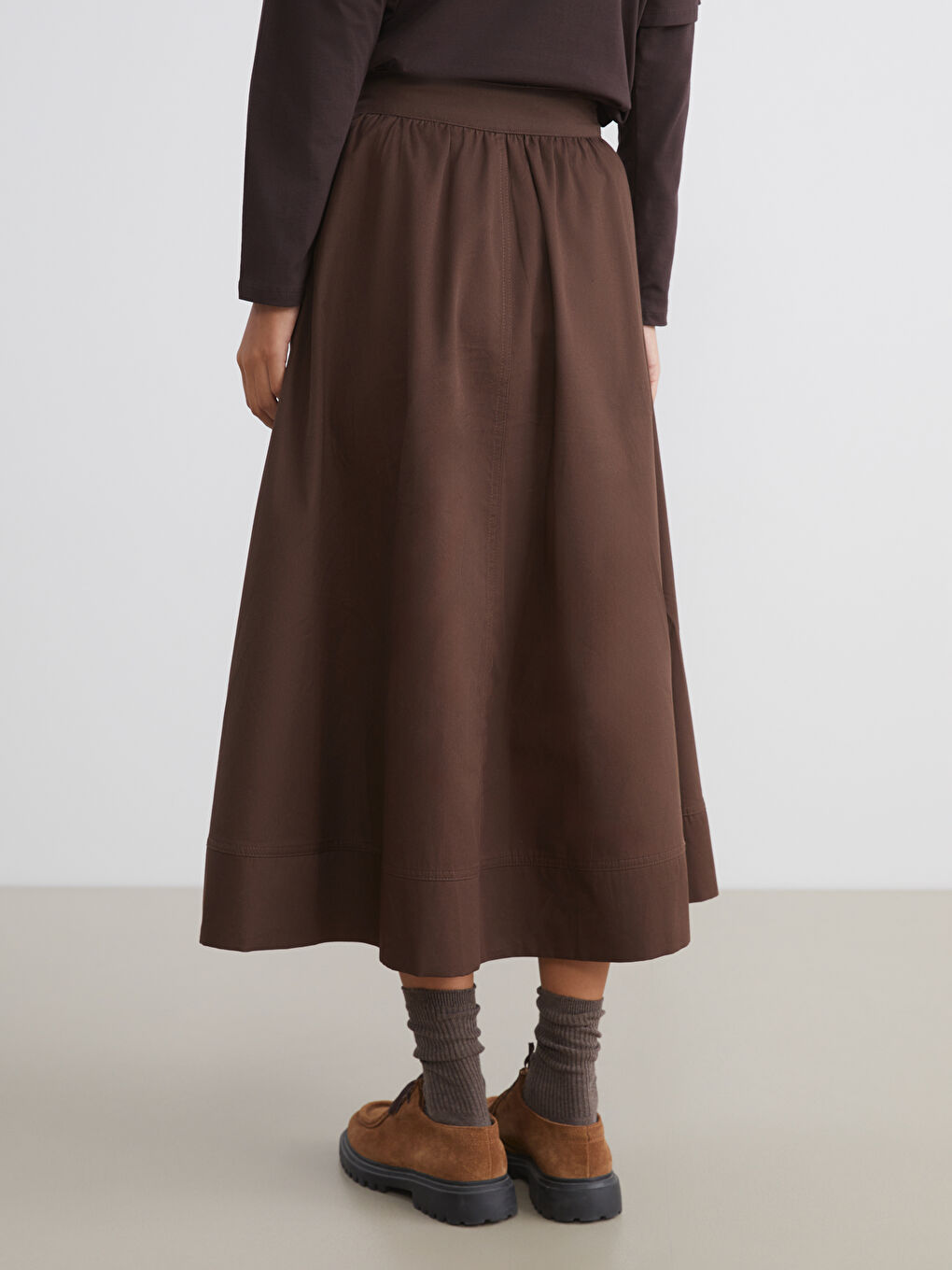 Kahverengi Loose Fit Pileli Kloş Etek-7