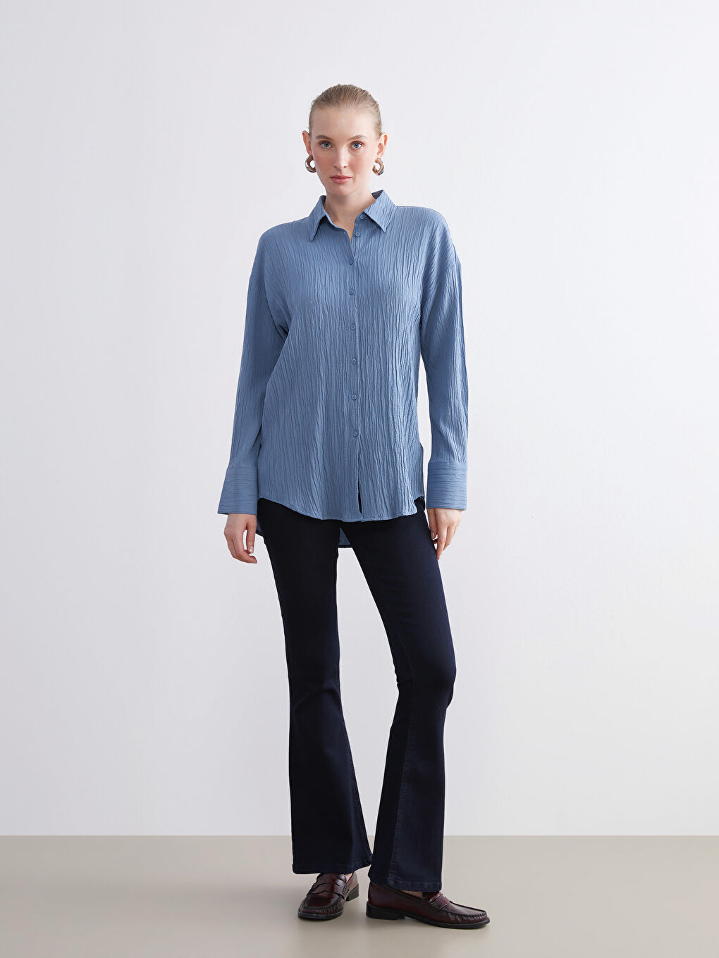 Mavi Dokulu Oversize Kadın Gömlek-2