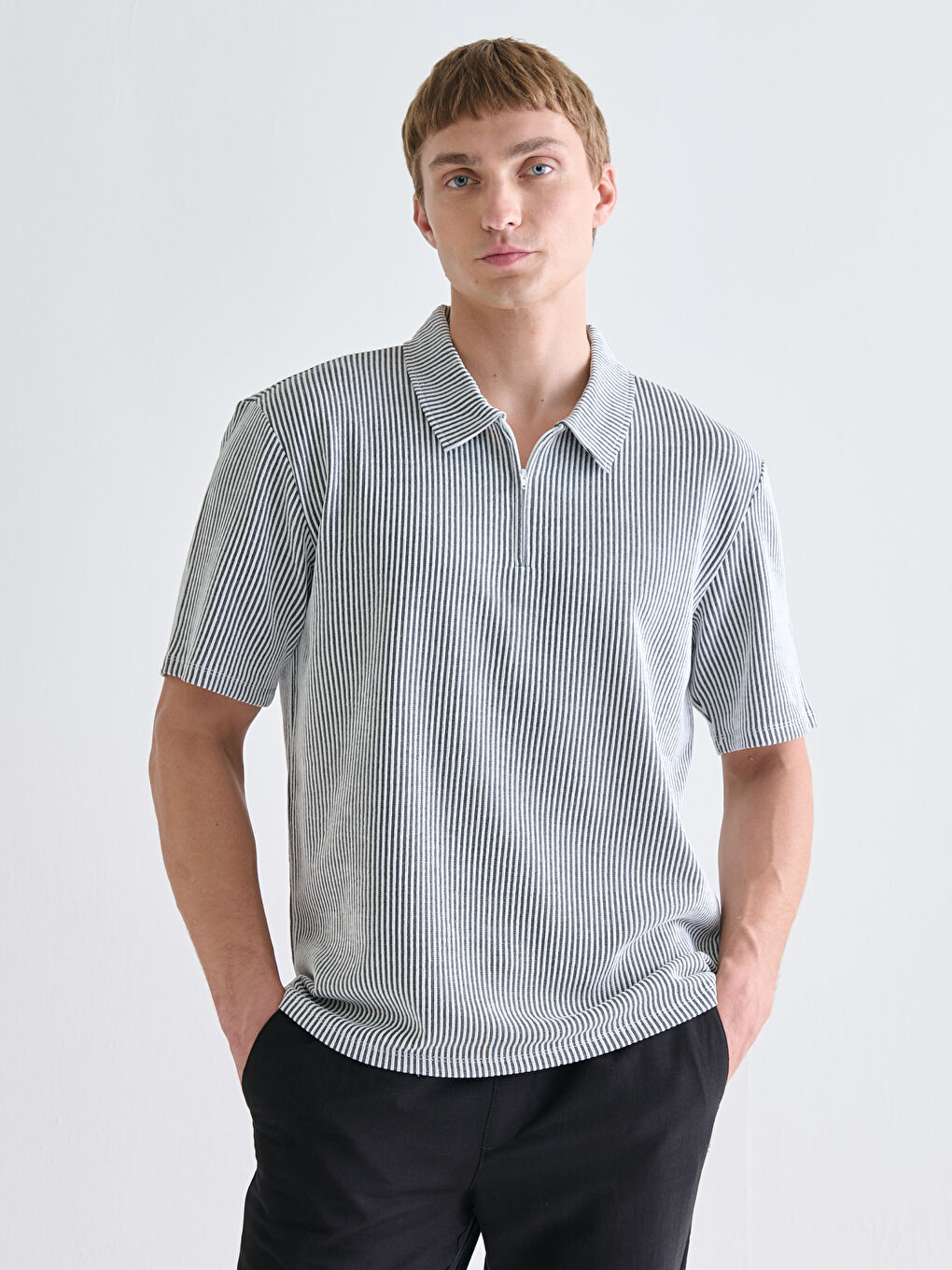 Bej Polo Yaka Çizgili Penye Erkek Tişört