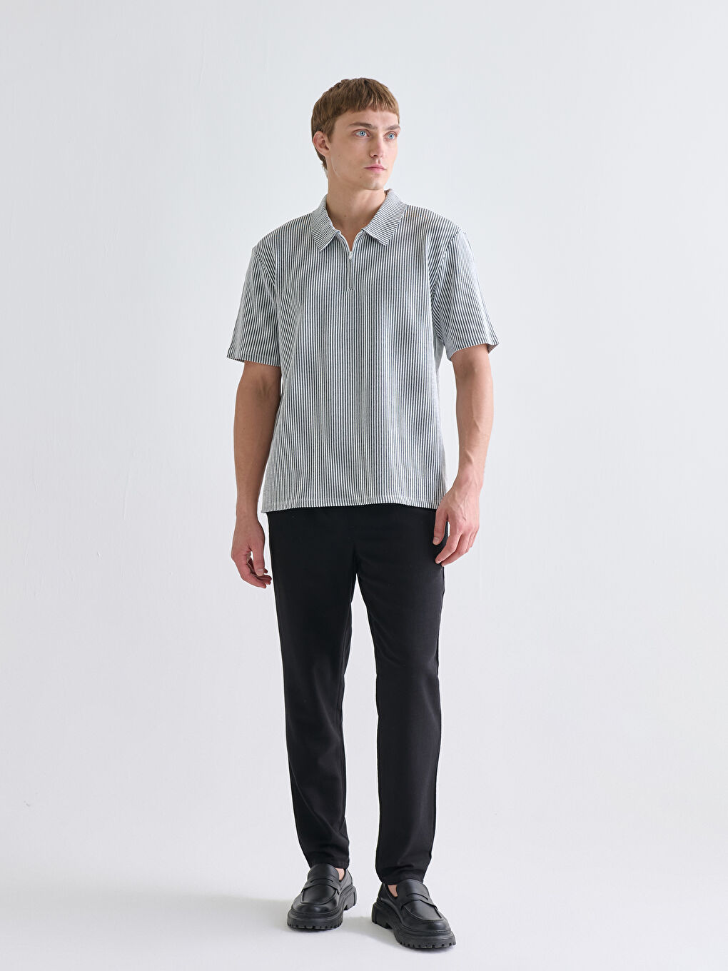 Bej Polo Yaka Çizgili Penye Erkek Tişört-1