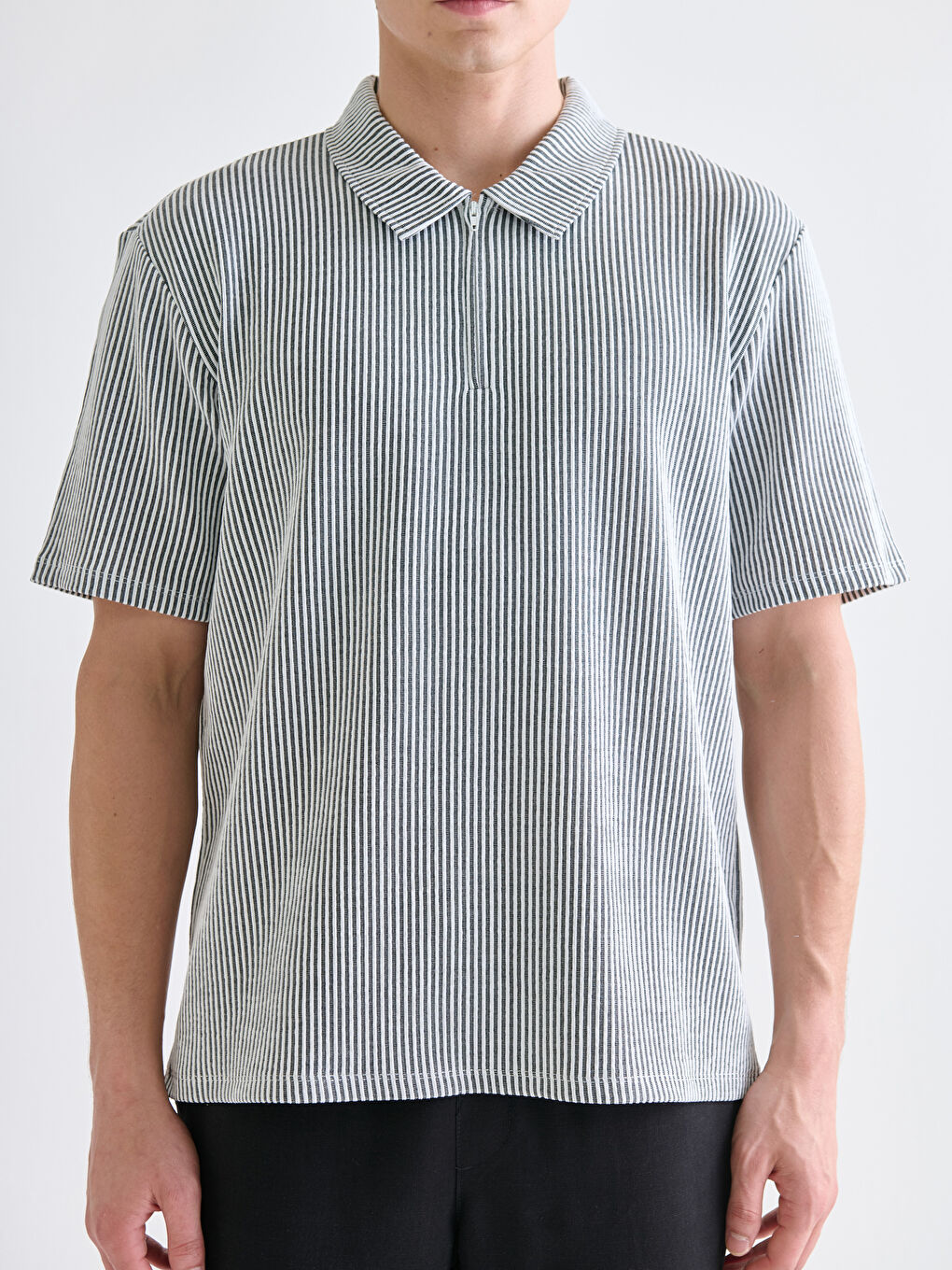 Bej Polo Yaka Çizgili Penye Erkek Tişört-2