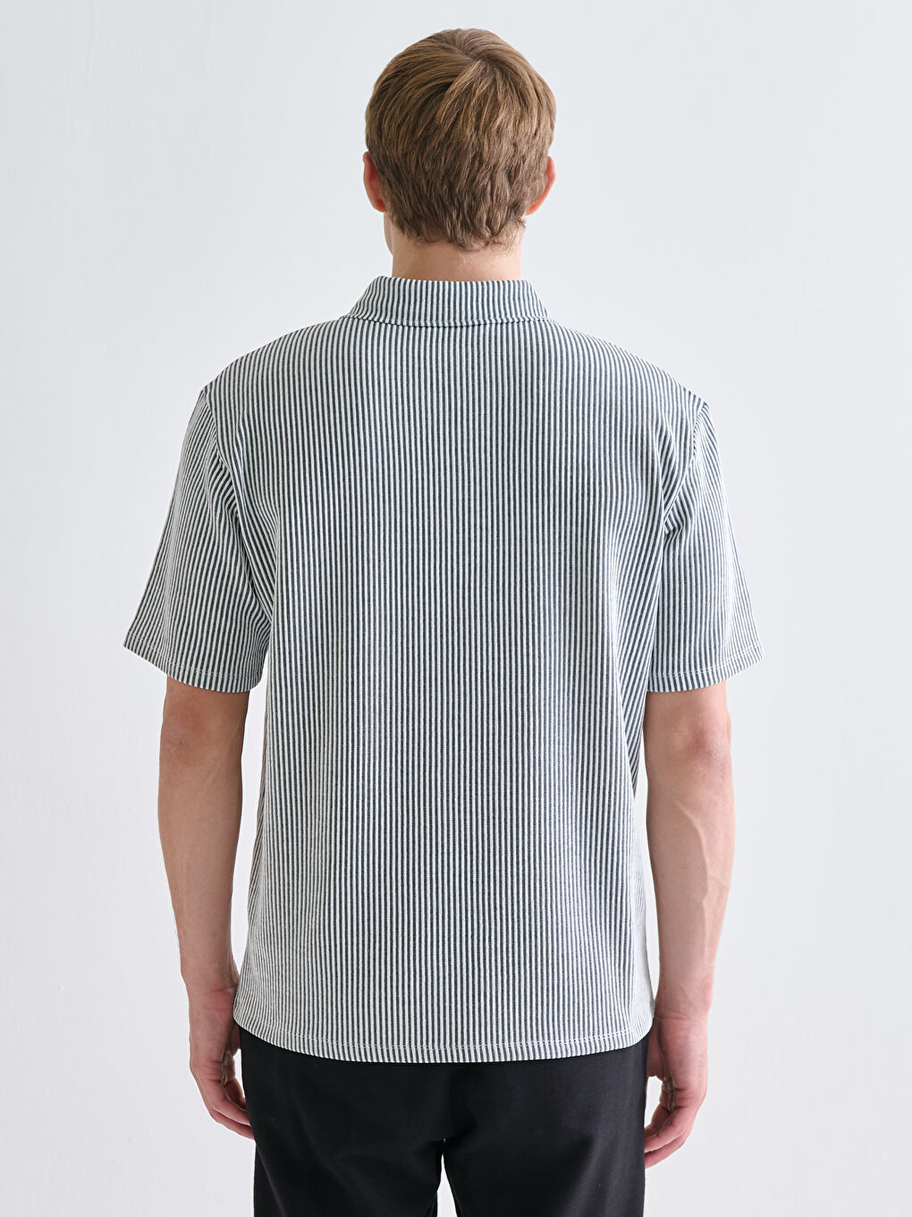 Bej Polo Yaka Çizgili Penye Erkek Tişört-3