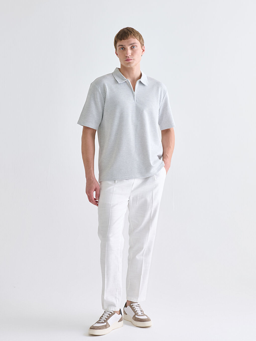 Gri Polo Yaka Çizgili Penye Erkek Tişört-1