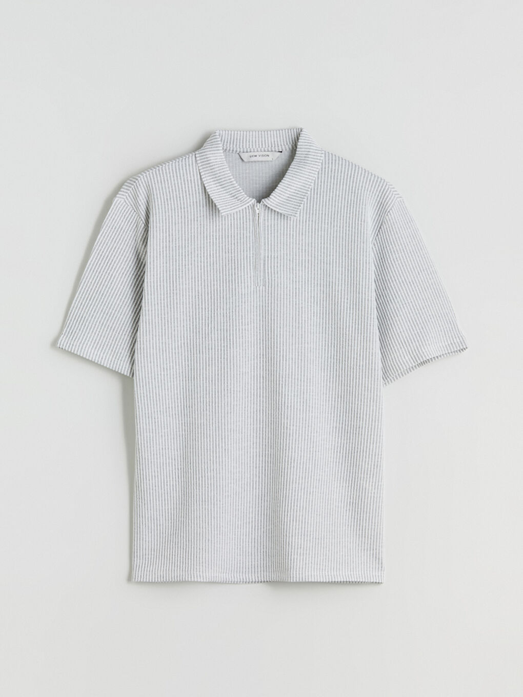 Gri Polo Yaka Çizgili Penye Erkek Tişört-4