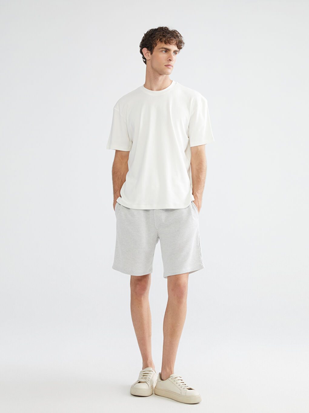 Gri Standart Kalıp Çizgili Erkek Şort