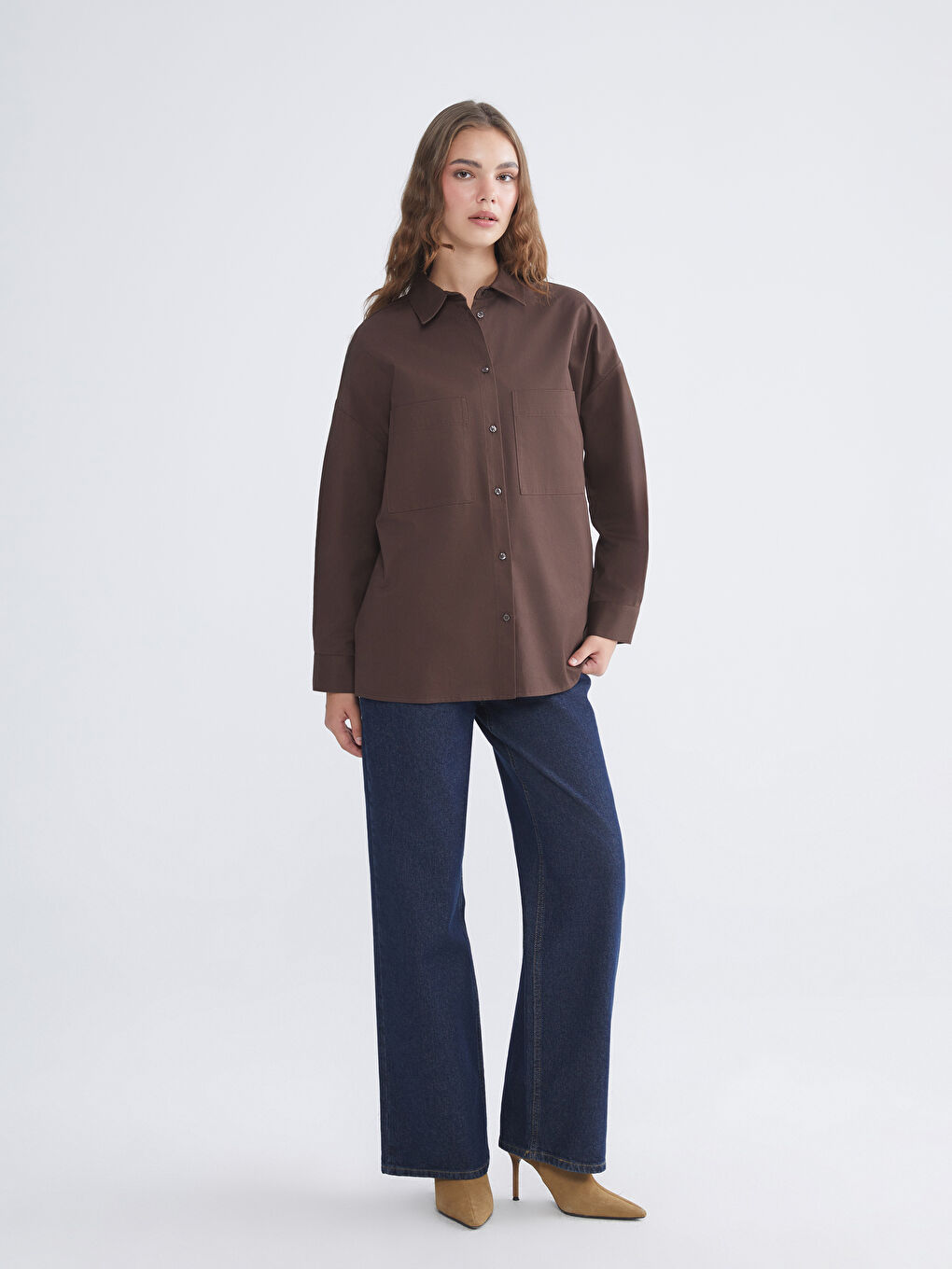 Kahverengi Gabardin Kadın Gömlek Tunik-1