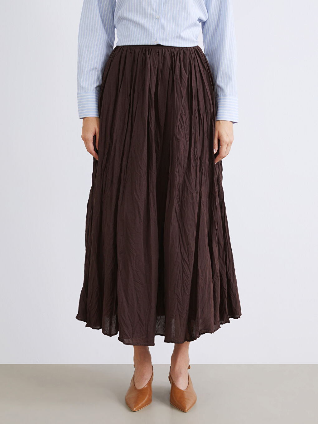 Kahverengi Beli Fermuarlı Kloş Etek-1