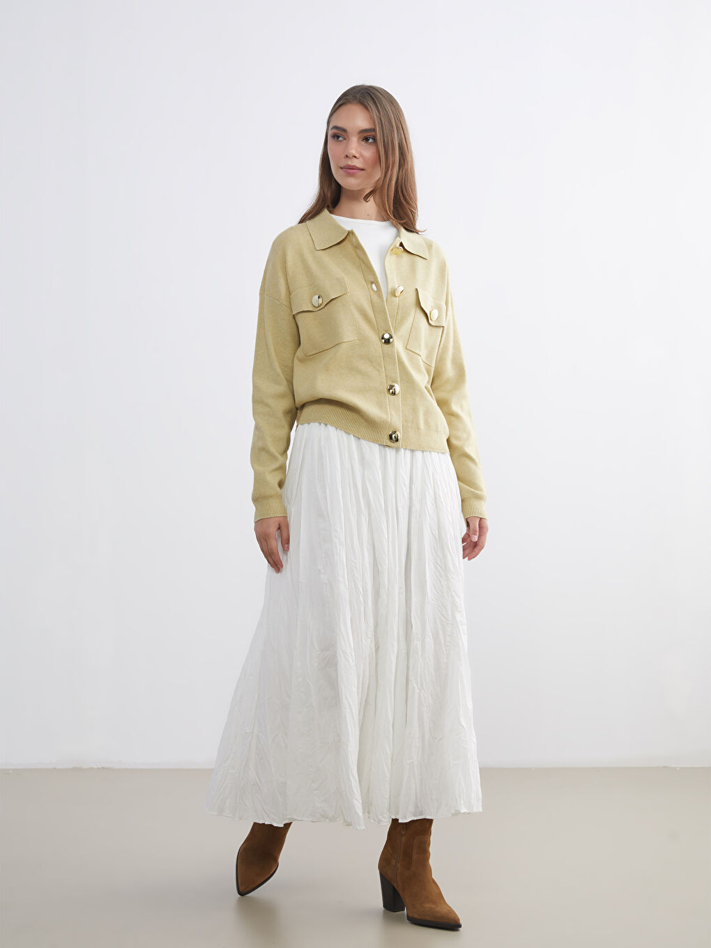 Beyaz Beli Fermuarlı Kloş Etek