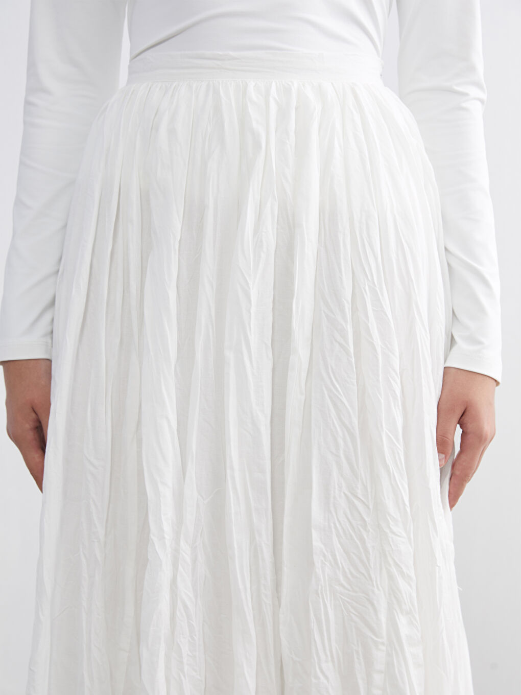 Beyaz Beli Fermuarlı Kloş Etek-2