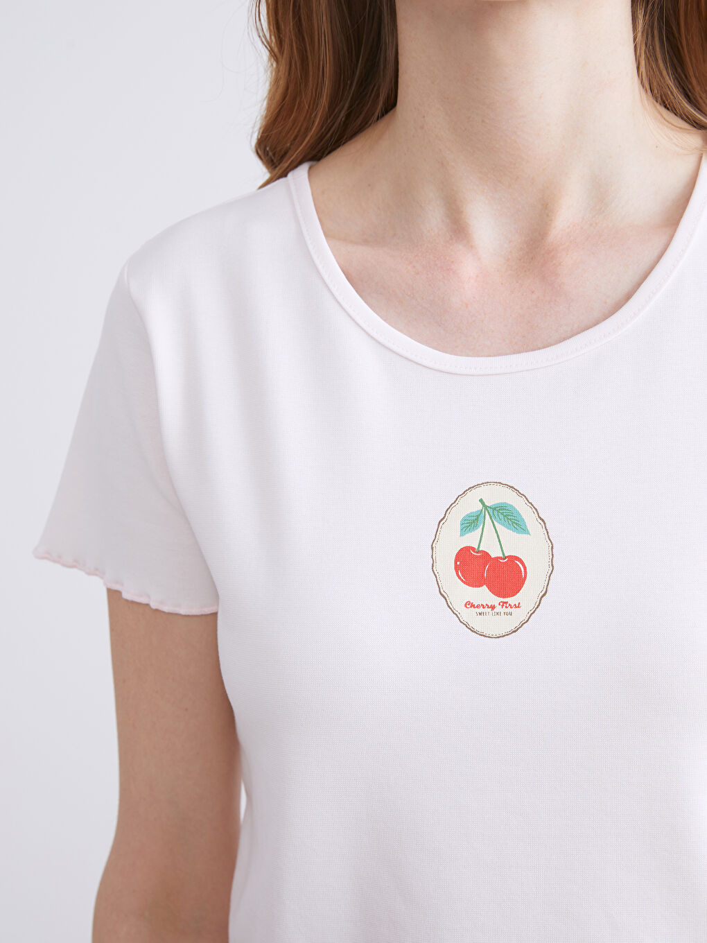 Kırmızı Bisiklet Yaka Kiraz Baskılı Kadın Pijama Takımı-2