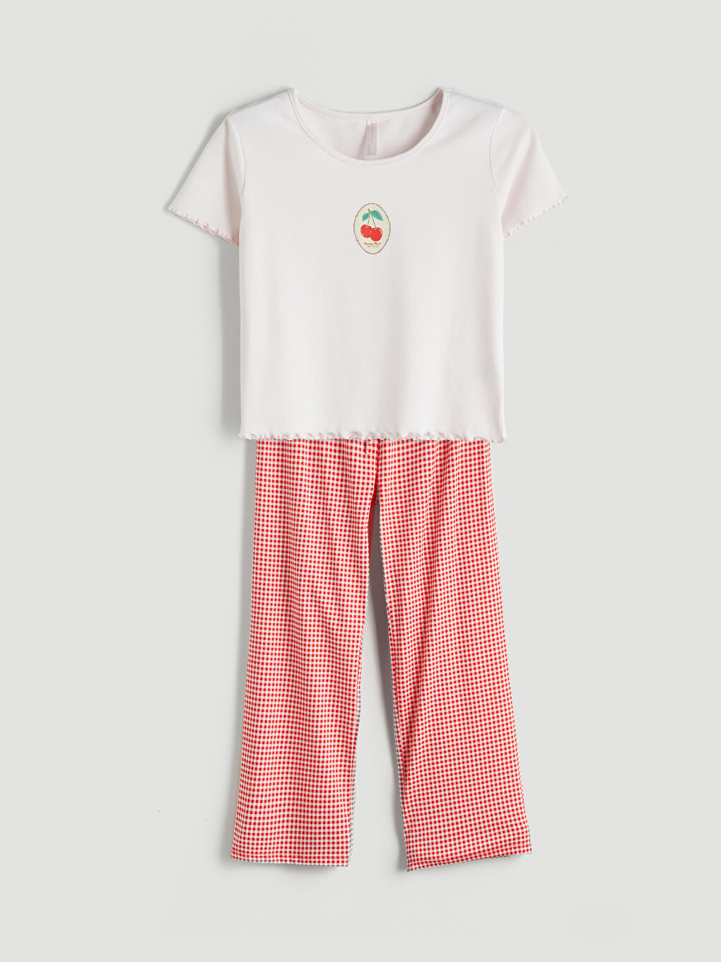 Kırmızı Bisiklet Yaka Kiraz Baskılı Kadın Pijama Takımı-4