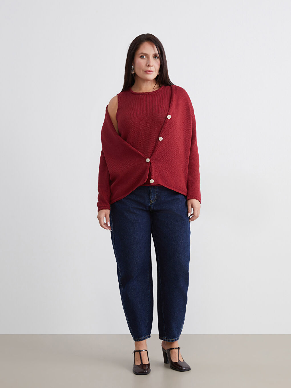 Bordo Büyük Beden V Yaka Kadın Triko Hırka-1