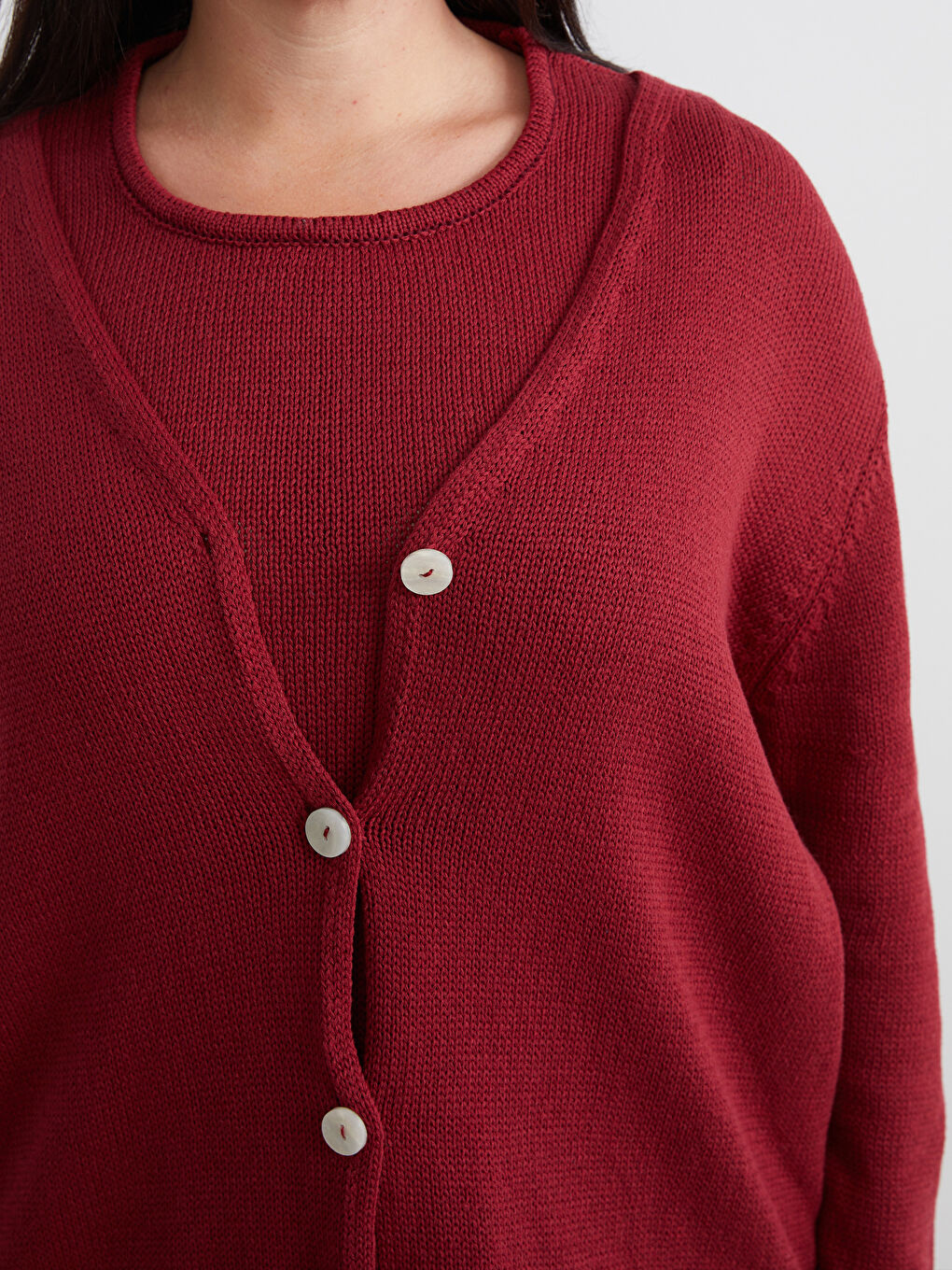 Bordo Büyük Beden V Yaka Kadın Triko Hırka-2