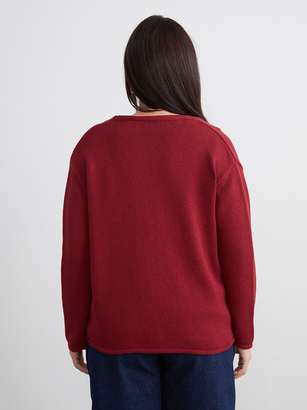 Bordo Büyük Beden V Yaka Kadın Triko Hırka-3